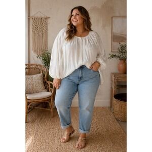 Future Collective 2X Boho Peasant Blouse White Flowy Top Cottagecore Balloon...